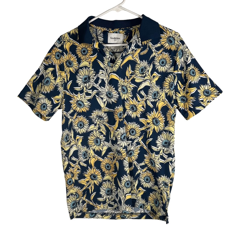 Goodfellow & Co Mens Sunflower Print Polo Shirt Navy Blue Yellow Floral Size M
